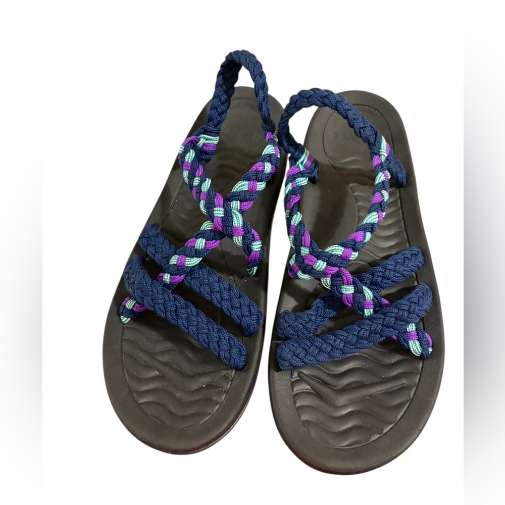 MEGNYA navy, teal & purple braided Sandals Sz 10.5